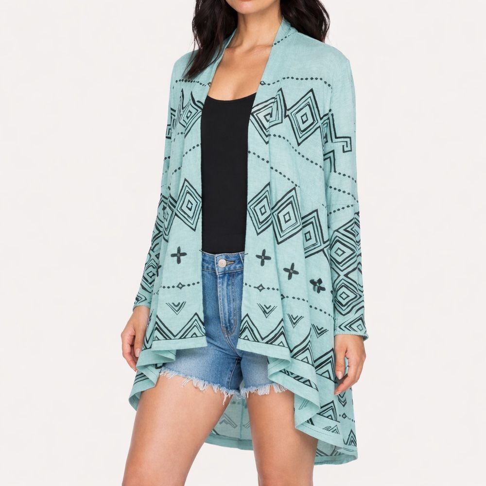 Johnny Was Biya Genoa Boho Turquoise Embroidered Knit Wrap Cardigan Size Medium
